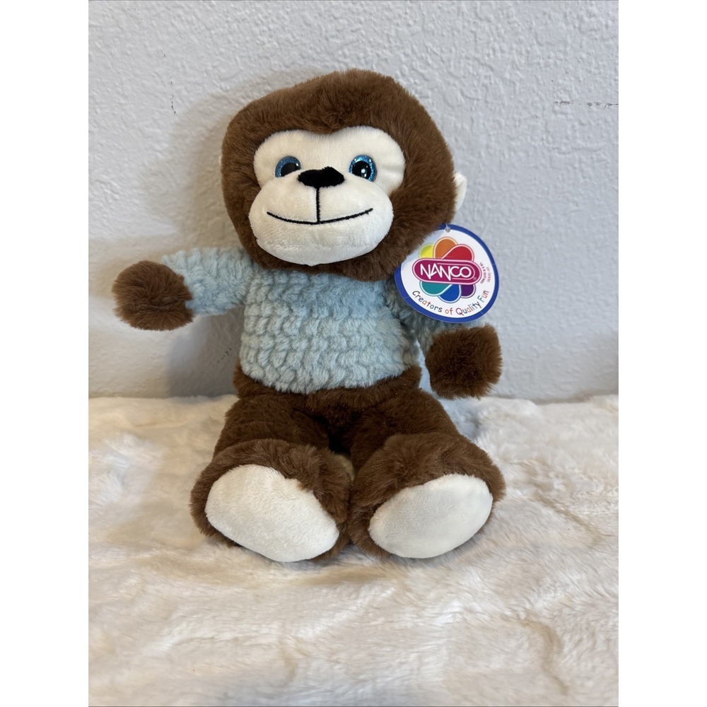 Nanco Plush Monkey Brown Stuffed Animal Blue Sweater Sparkling Eyes 10 Inch NEW